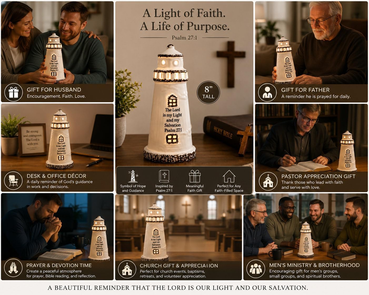 Christian Lighthouse Lamp for Men - Psalm 27:1 Scripture LED Décor