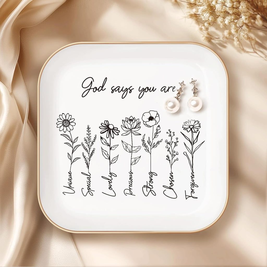 God Says You Are" Ceramic Ring Dish – Floral Bible Verse Jewelry Tray, Faith Gift for Her & Teen Girls