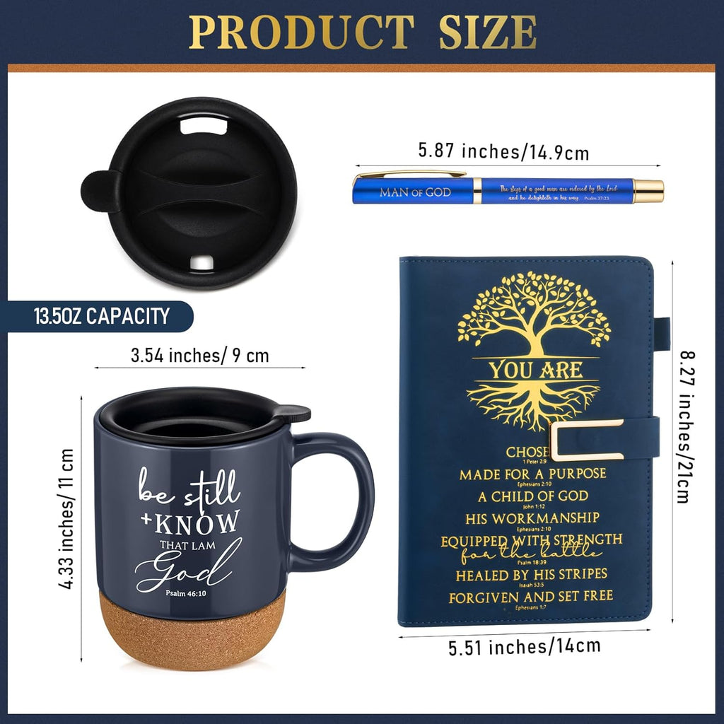 Be Still & Know" Christian Gift Set for Men – Leather Bible Journal, Cork Ceramic Mug & Pen