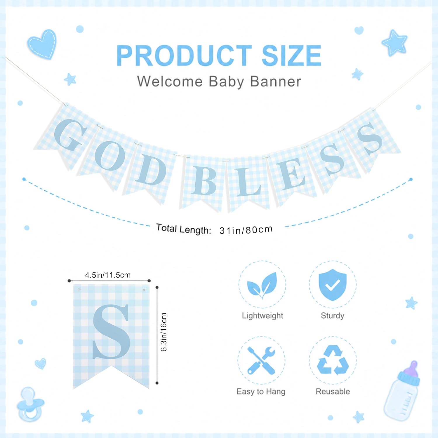 Blue Gingham God Bless Banner, Baptism Banner, First Communion Decor, Christening Party Decoration, Religious Celebration Banner