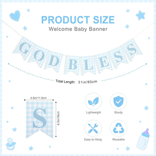 Blue Gingham God Bless Banner, Baptism Banner, First Communion Decor, Christening Party Decoration, Religious Celebration Banner