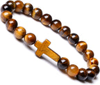 Natural Stone Cross Bracelet for Men & Women – 8mm Beaded Tiger's Eye Stretch Bracelet, Christian Faith Gift
