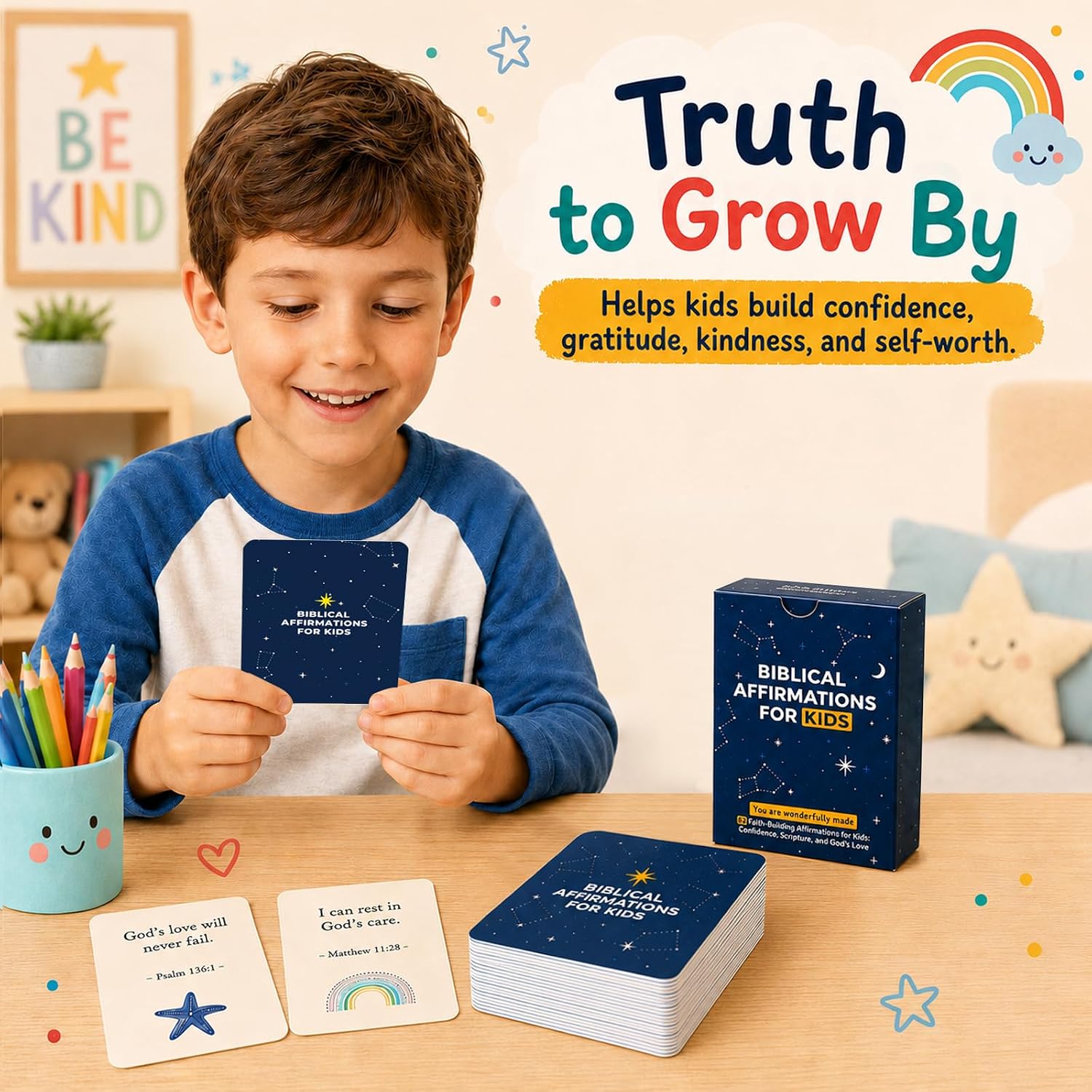 Biblical Affirmation Cards for Kids, 62 Christian Encouragement Cards for Boys and Girls, Back to School Confidence and Scripture Gift