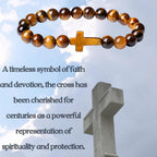 Natural Stone Cross Bracelet for Men & Women – 8mm Beaded Tiger's Eye Stretch Bracelet, Christian Faith Gift