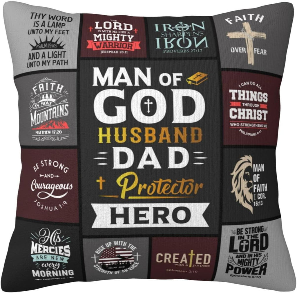 "Man of God" Christian Throw Pillow Cover 18"×18" – Faith Gift for Dad, Husband & Father (Cover Only)