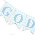 Blue Gingham God Bless Banner, Baptism Banner, First Communion Decor, Christening Party Decoration, Religious Celebration Banner