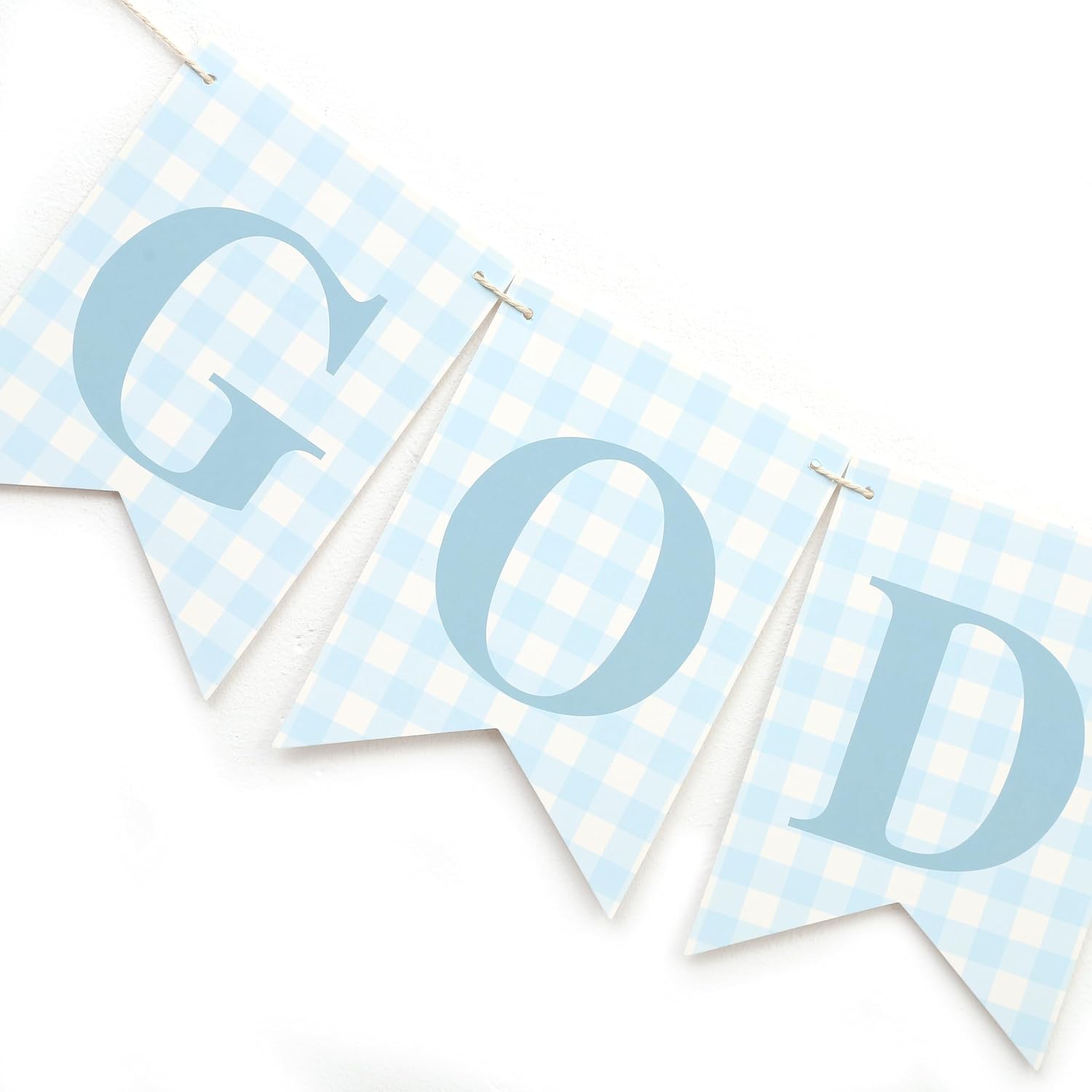 Blue Gingham God Bless Banner, Baptism Banner, First Communion Decor, Christening Party Decoration, Religious Celebration Banner