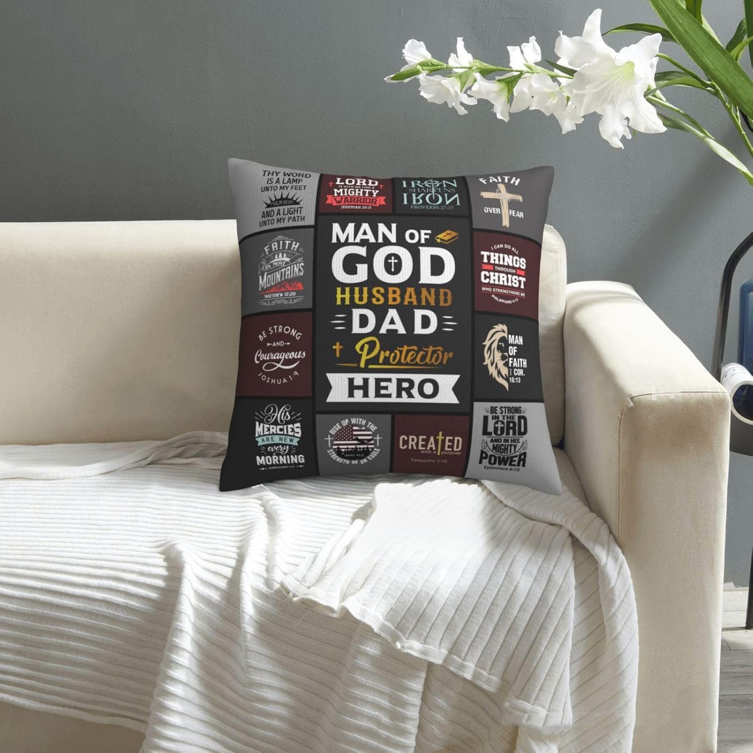 "Man of God" Christian Throw Pillow Cover 18"×18" – Faith Gift for Dad, Husband & Father (Cover Only)