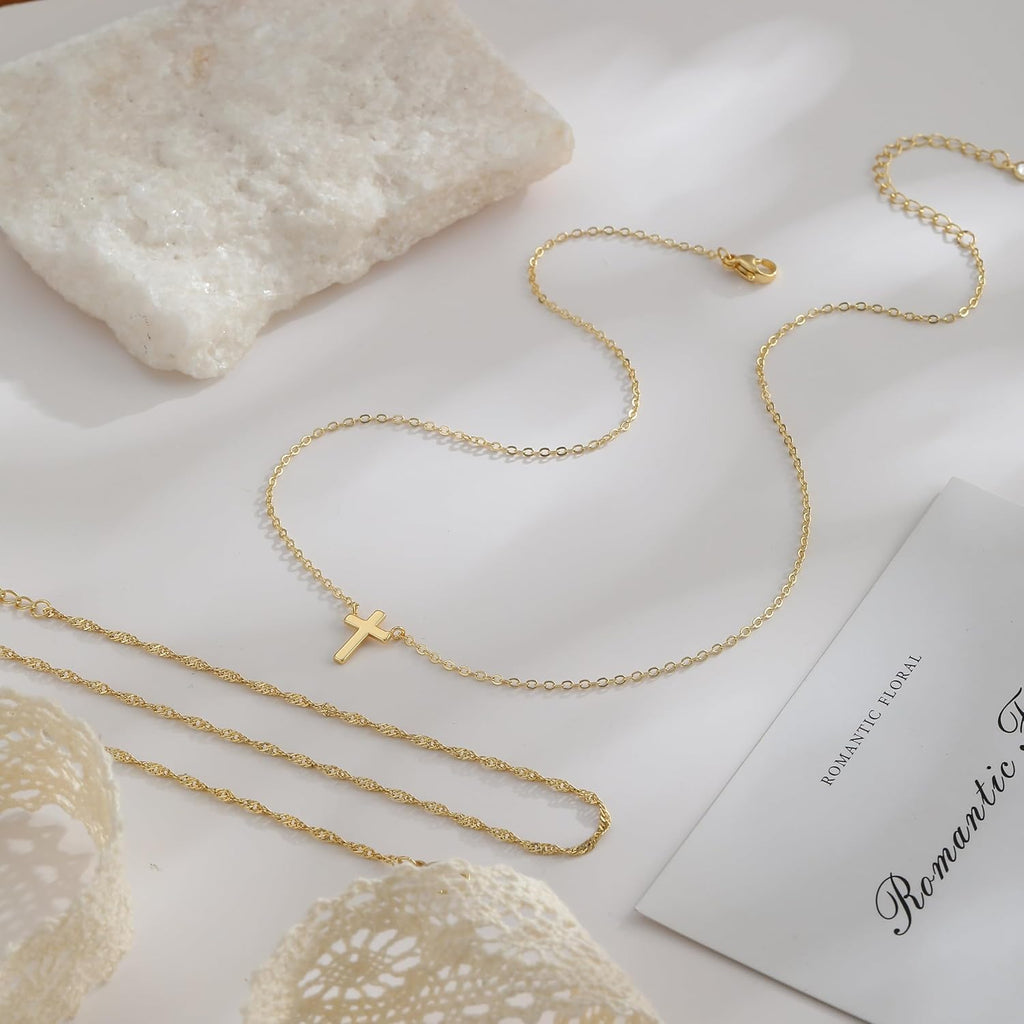Dainty Layered Gold Cross Necklace for Women – 14K Gold Plated Choker, Trendy Christian Faith Jewelry
