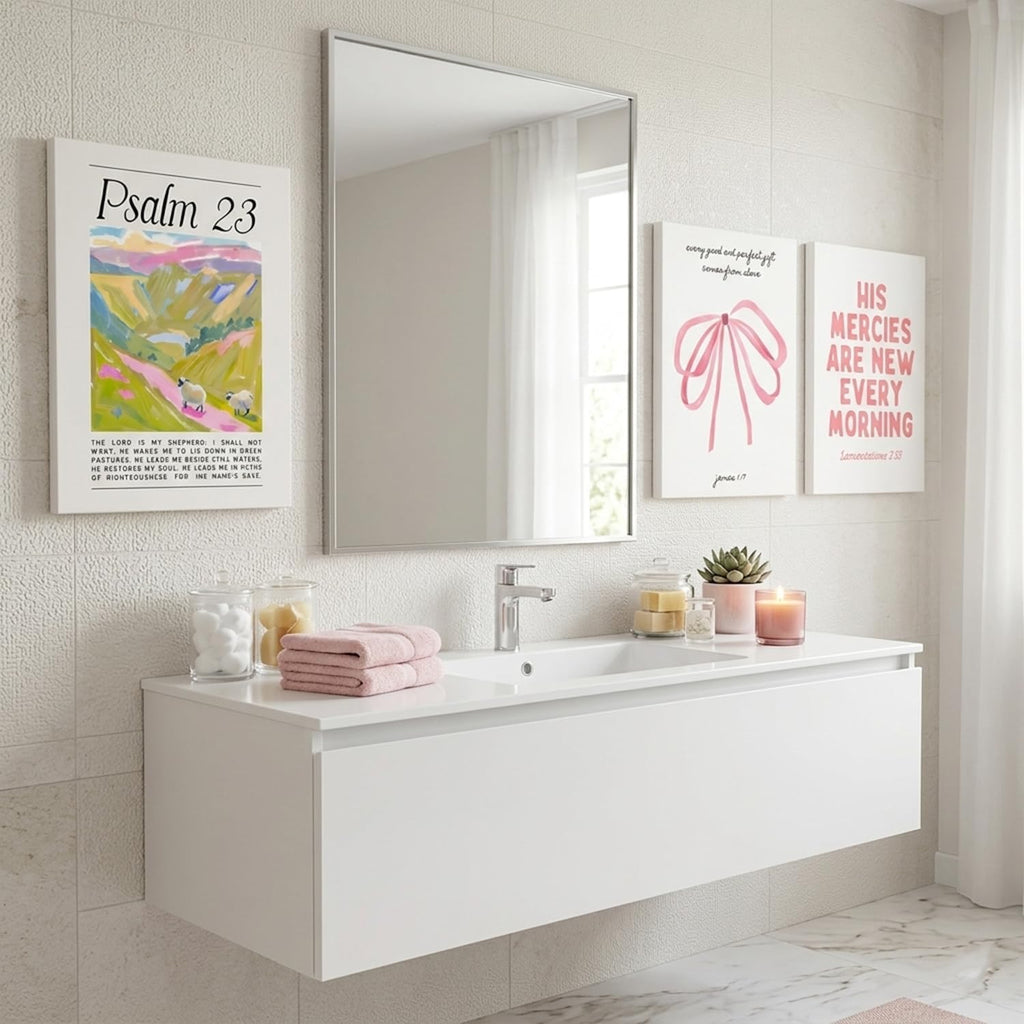 Pink Christian Wall Art Set of 3 – Framed Bible Verse Canvas Prints, Preppy Faith Decor for Girls' Bedroom & Dorm