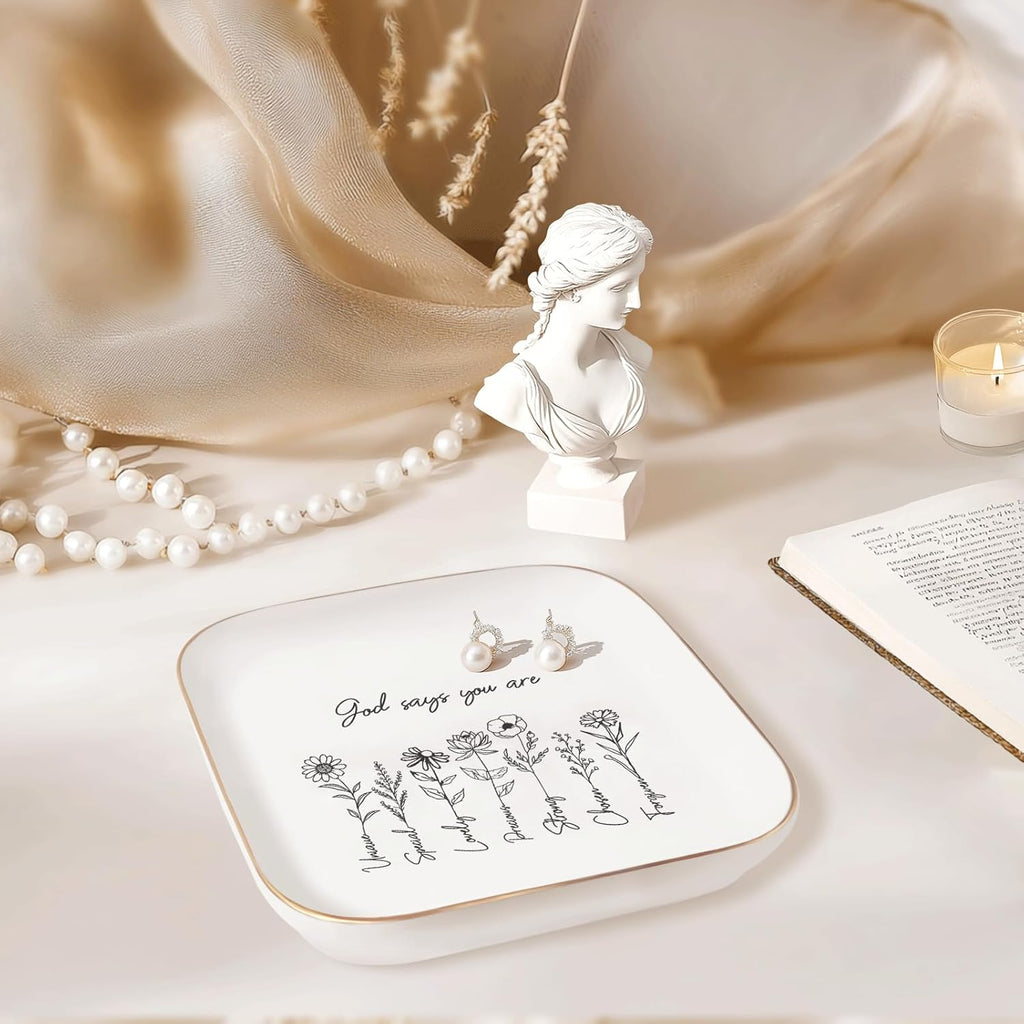 God Says You Are" Ceramic Ring Dish – Floral Bible Verse Jewelry Tray, Faith Gift for Her & Teen Girls