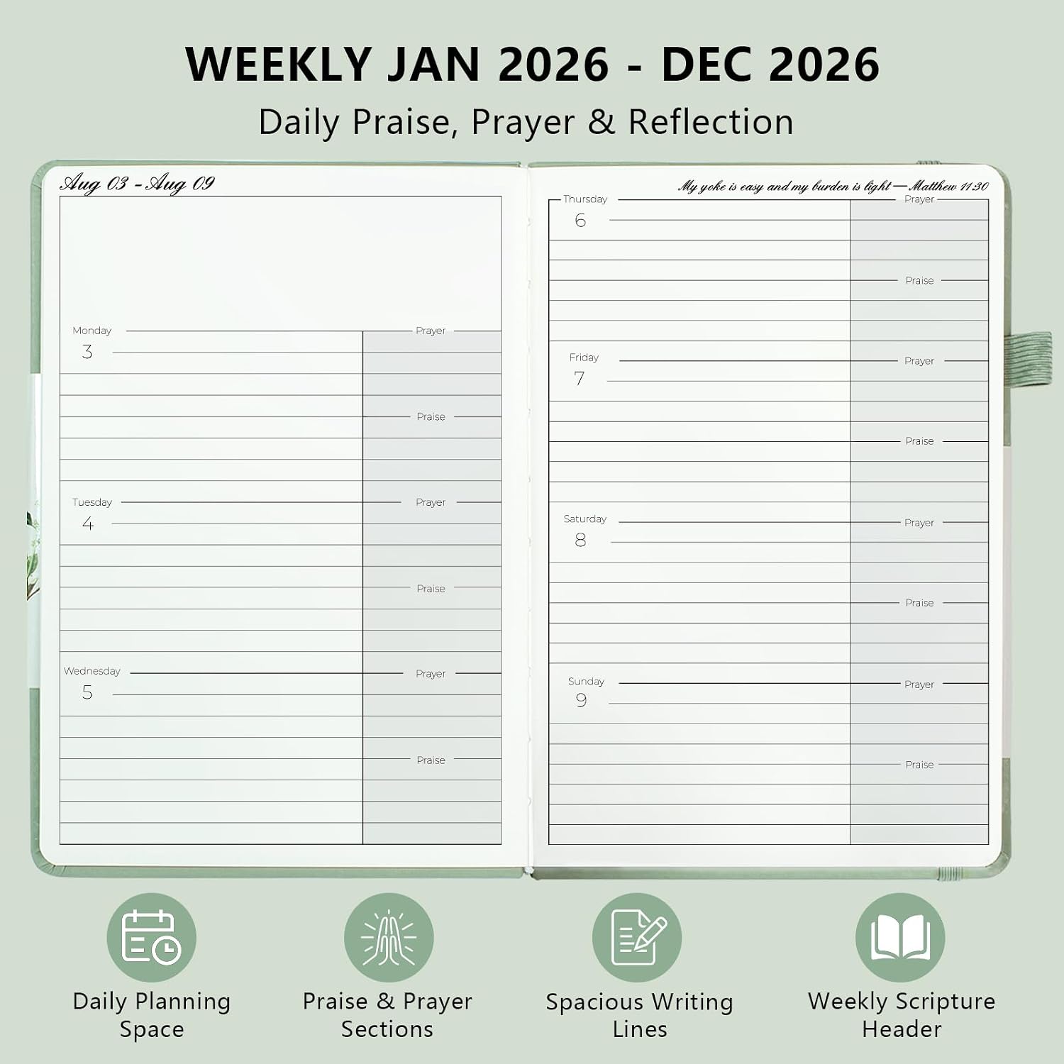 2026 Christian Planner for Women and Men, 12-Month Hardcover Bible Journal and Prayer Organizer, Faith Goal and Habit Tracker, 5.7 x 8.3 in