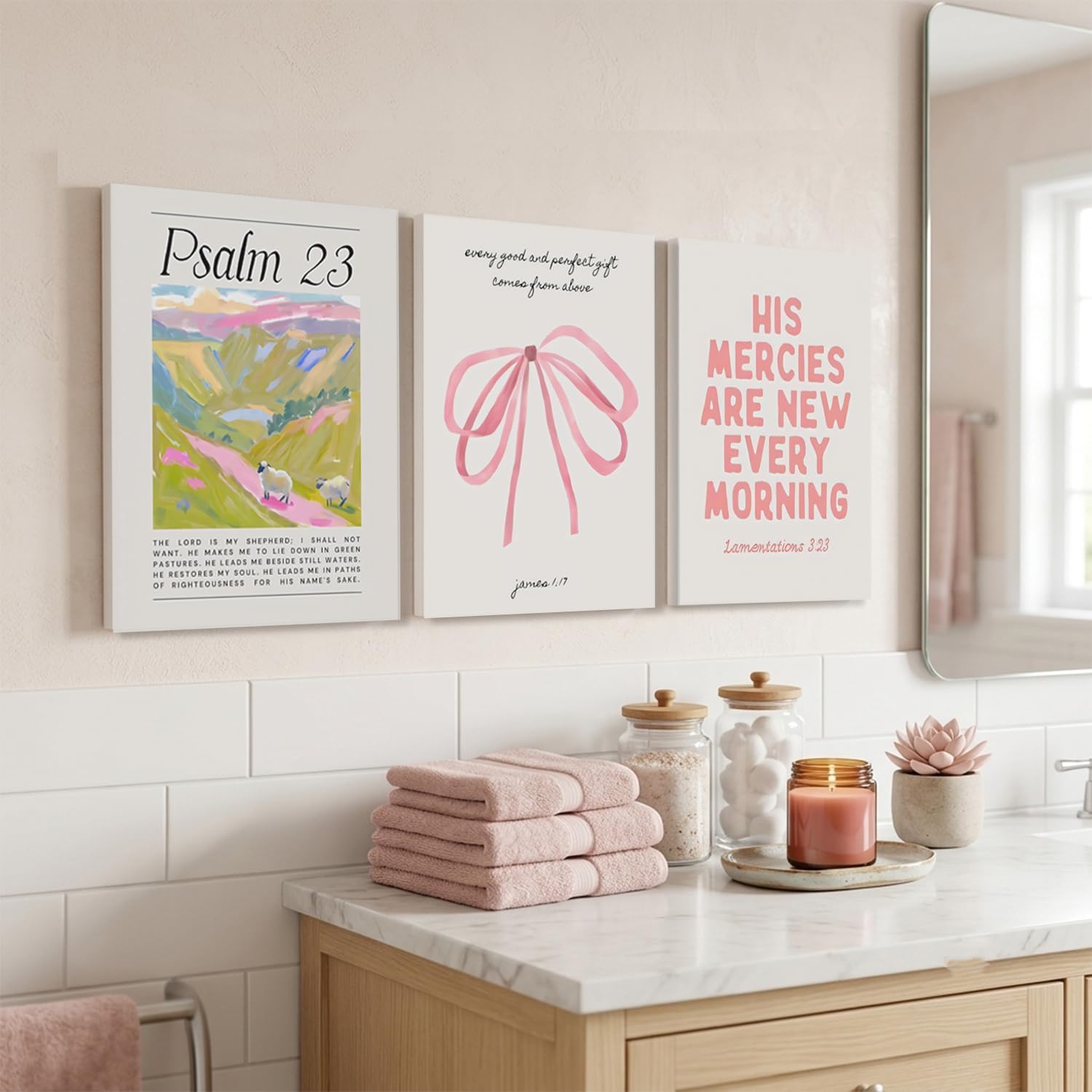 Pink Christian Wall Art Set of 3 – Framed Bible Verse Canvas Prints, Preppy Faith Decor for Girls' Bedroom & Dorm