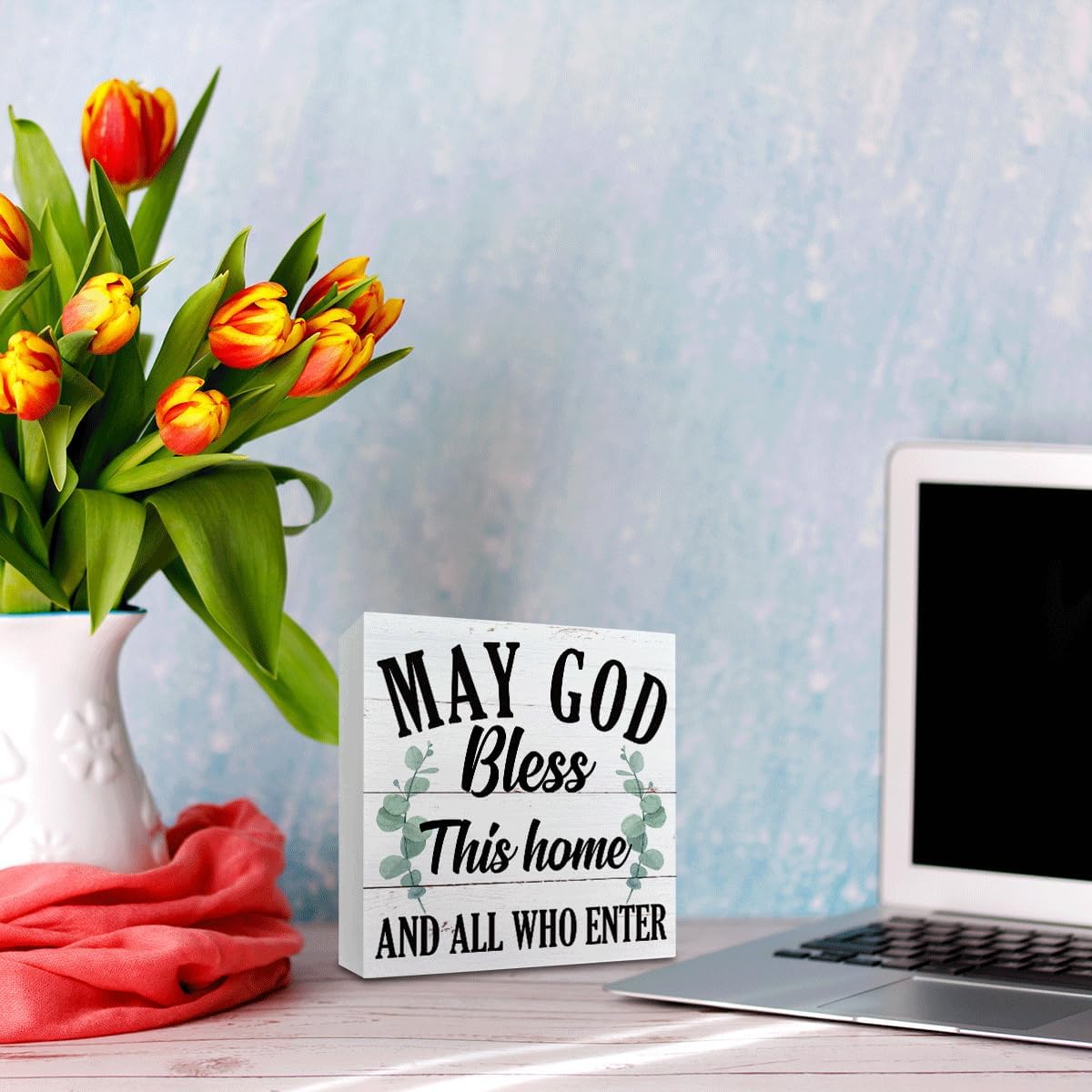May God Bless This Home" Wooden Box Sign – Rustic Farmhouse Christian Tabletop & Shelf Decor, Housewarming Gift