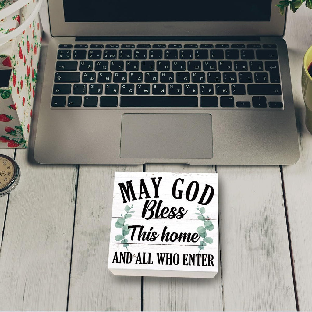 May God Bless This Home" Wooden Box Sign – Rustic Farmhouse Christian Tabletop & Shelf Decor, Housewarming Gift