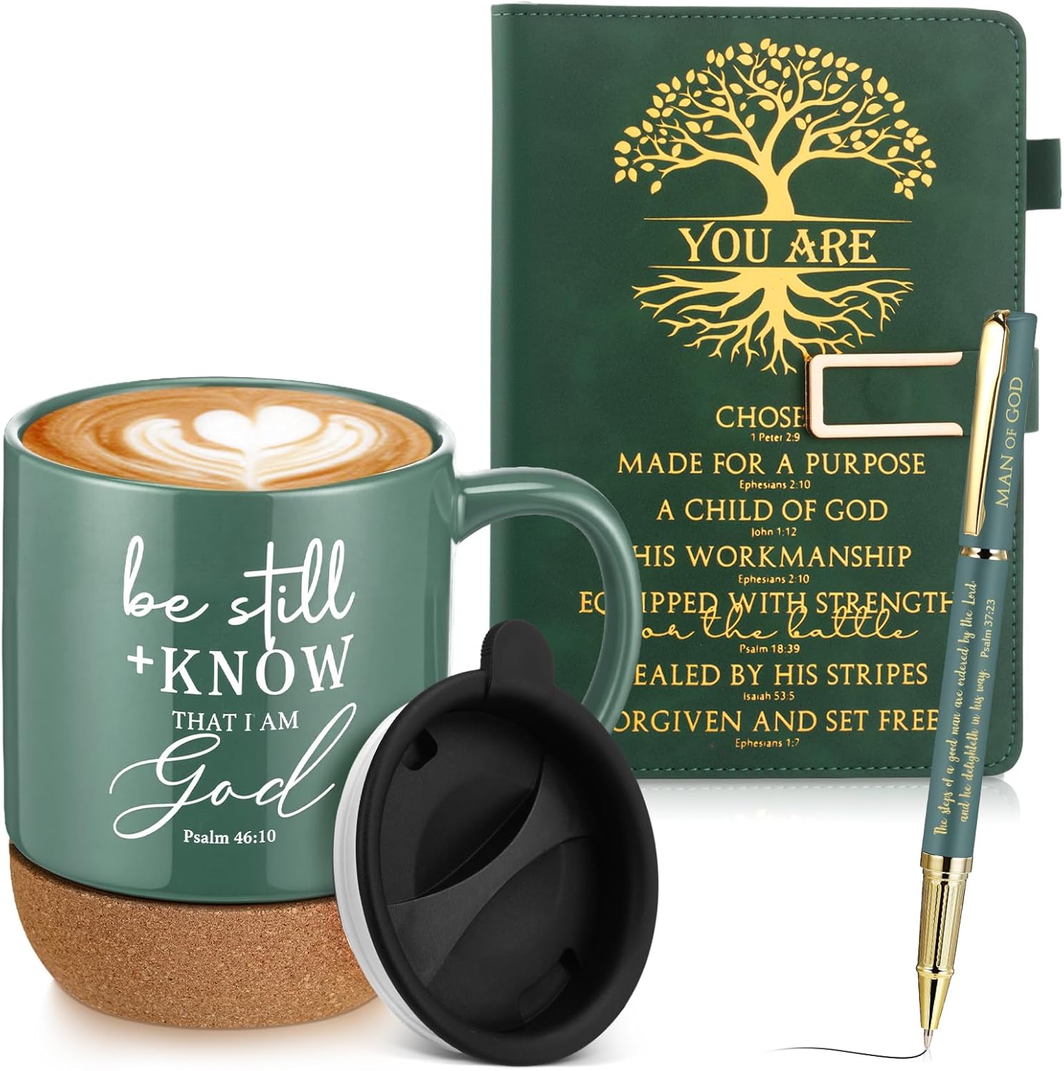 Be Still & Know" Christian Gift Set for Men – Leather Bible Journal, Cork Ceramic Mug & Pen
