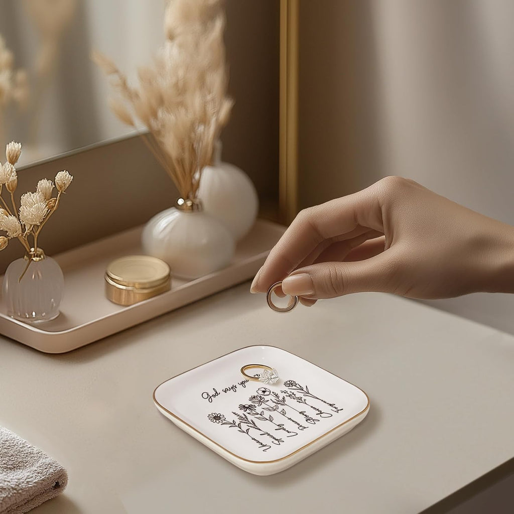 God Says You Are" Ceramic Ring Dish – Floral Bible Verse Jewelry Tray, Faith Gift for Her & Teen Girls