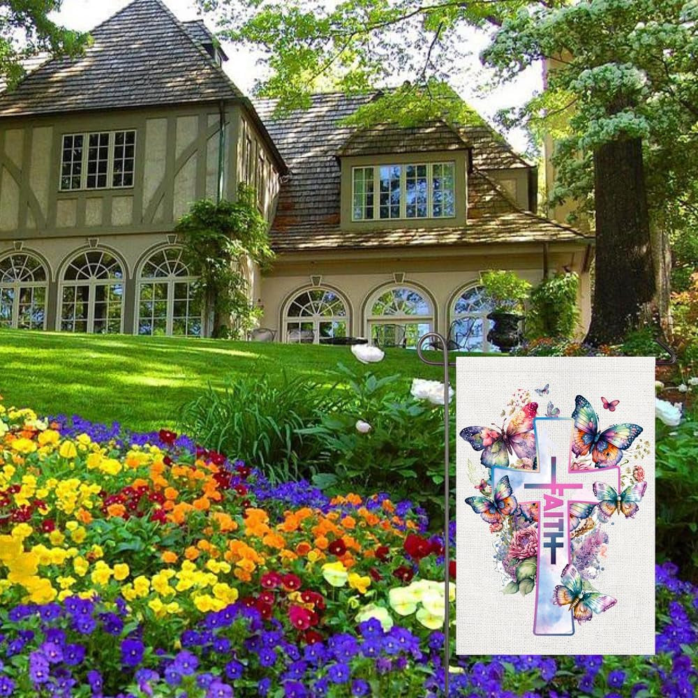 Religious Easter Garden Flag 12X18 Double Sided Easter Cross Garden Flag, Floral Faith Yard Flag 12x18 Double Sided