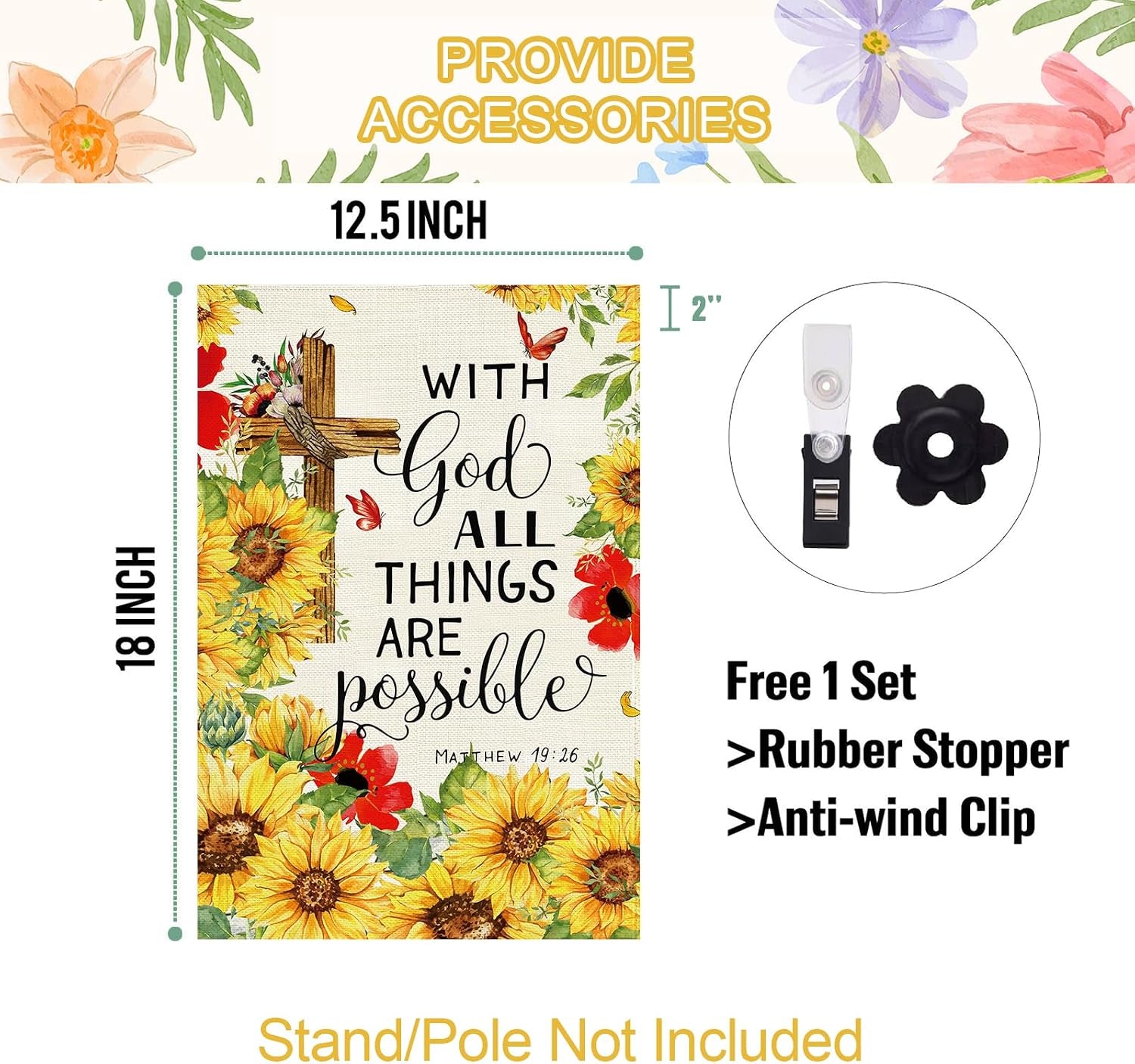 Sunflower Garden Flag, Double Sided Burlap, 12.5x18 Inch with Clip and Stopper