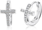 925 Sterling Silver Cross Huggie Earrings, Tiny CZ Cross Hoops for Women, Christian Gift