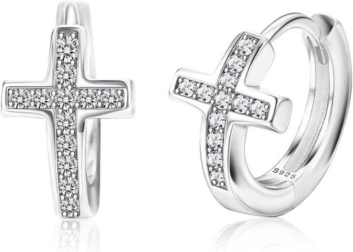 925 Sterling Silver Cross Huggie Earrings, Tiny CZ Cross Hoops for Women, Christian Gift