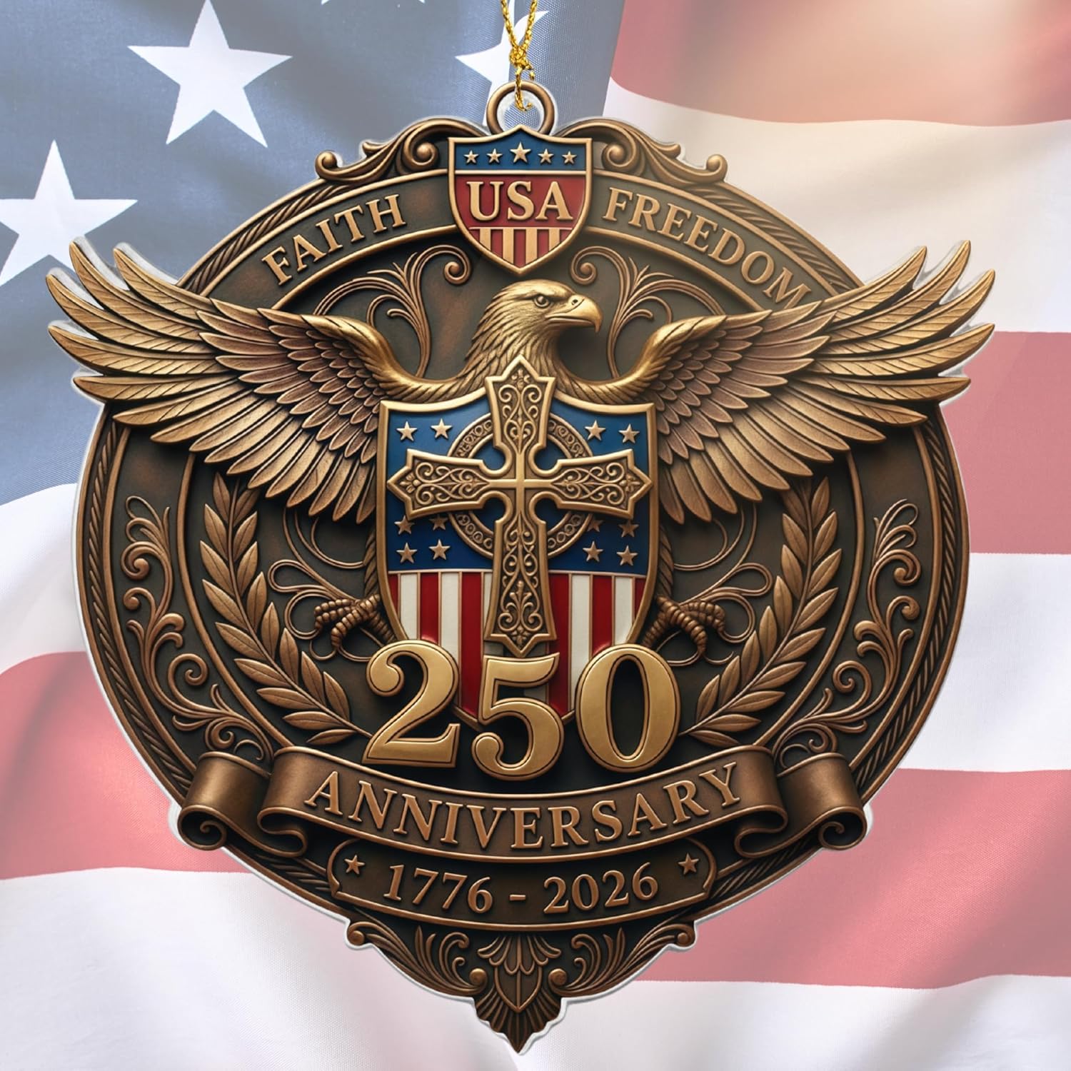 Faith & Freedom Cross Ornament – Patriotic Eagle American Flag Suncatcher, USA 250th Anniversary Keepsake (2026)