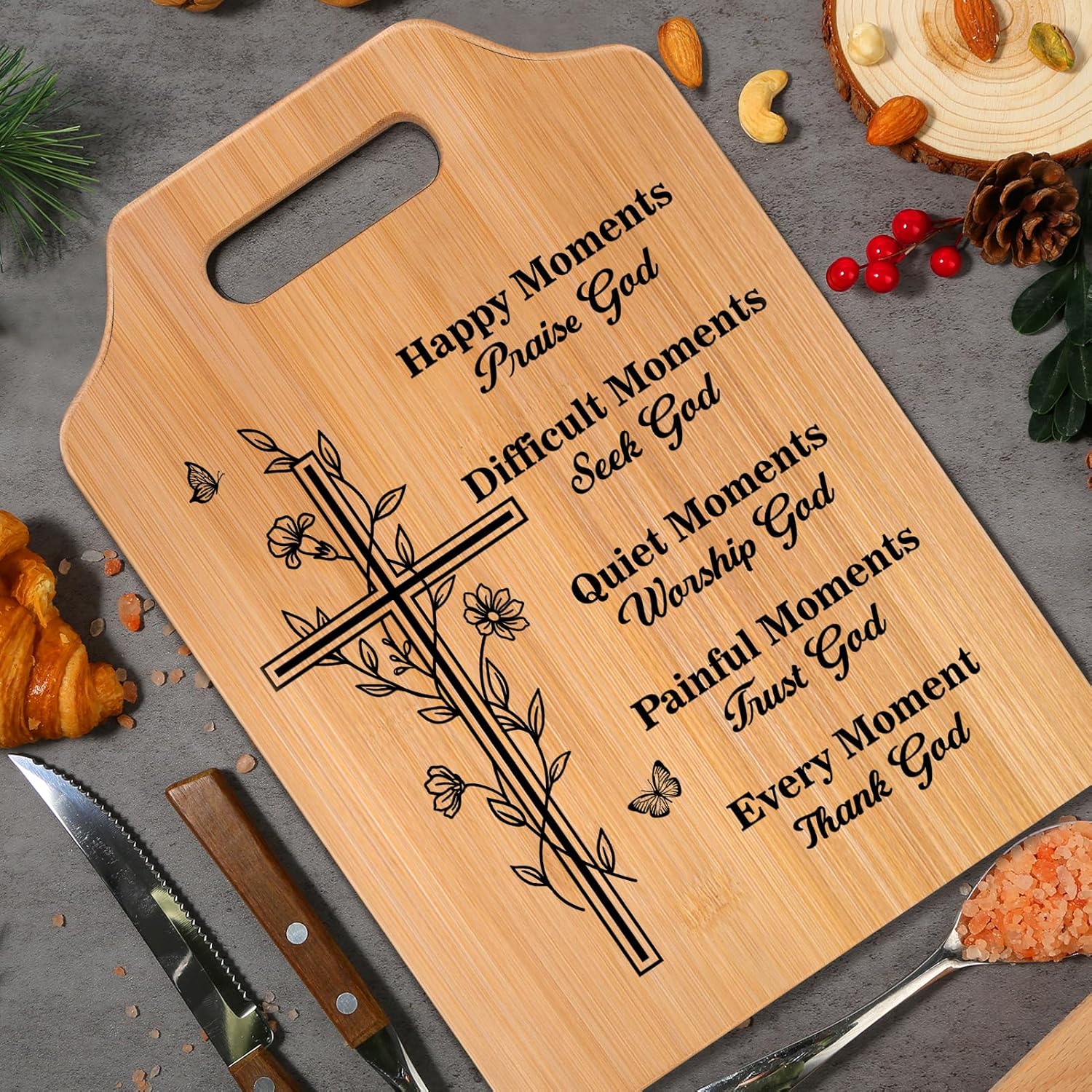 Christian Bamboo Cutting Board with Bible Verse – Engraved Cross Charcuterie & Kitchen Decor, Faith Gift for Her