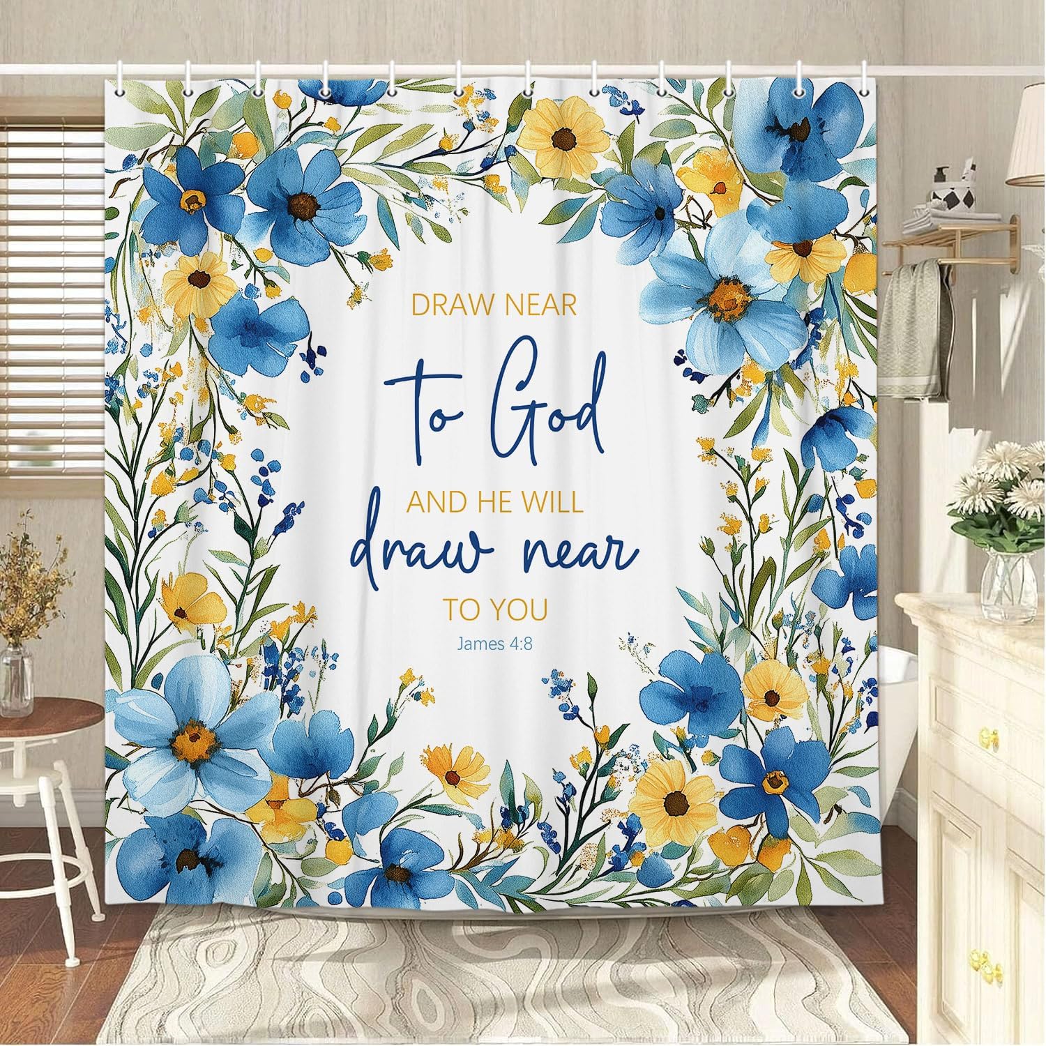 Sea Turtle Bible Verse Shower Curtain, Coastal Christian Decor Accessories Hooks Included 72X72IN