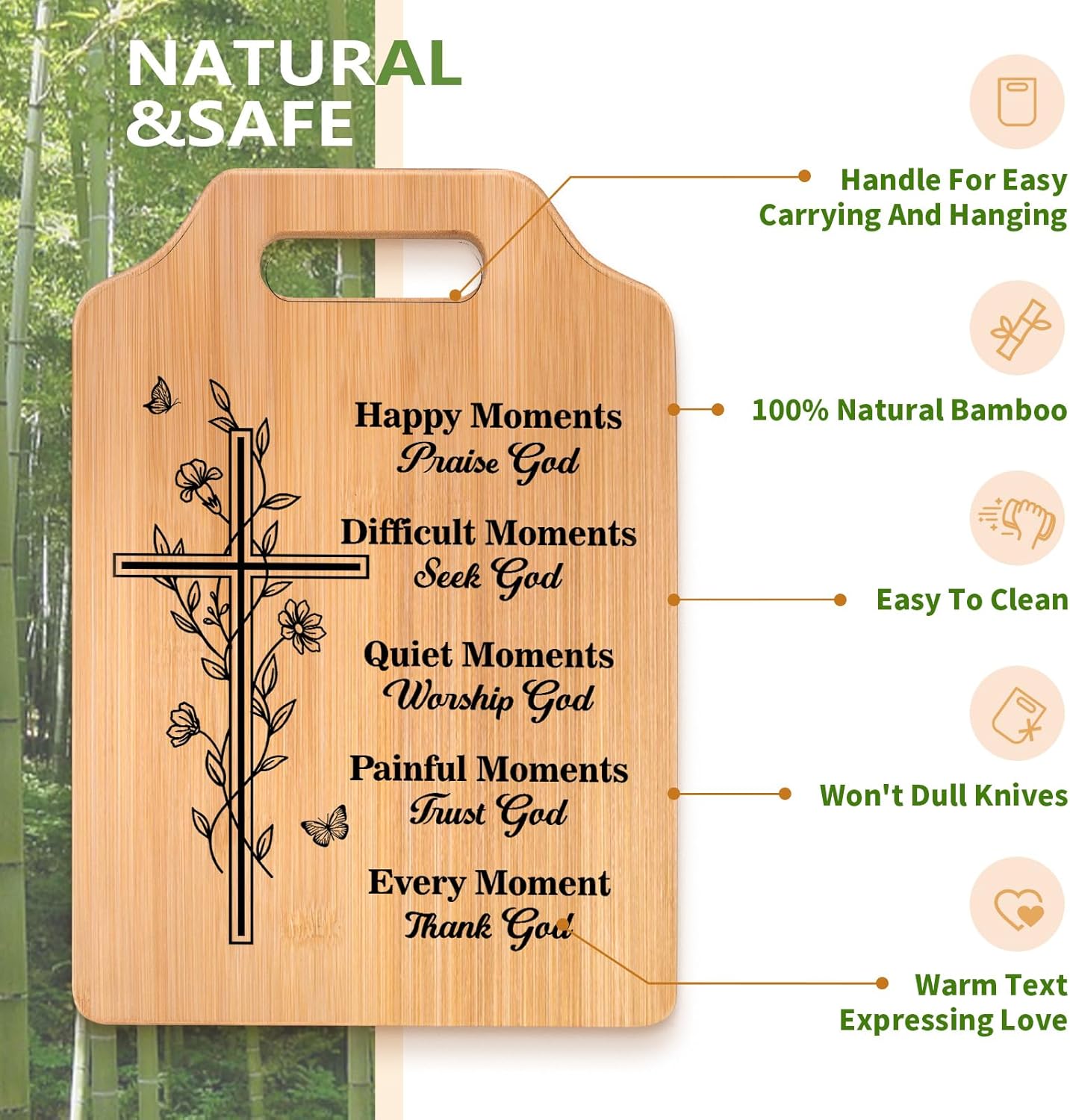 Christian Bamboo Cutting Board with Bible Verse – Engraved Cross Charcuterie & Kitchen Decor, Faith Gift for Her