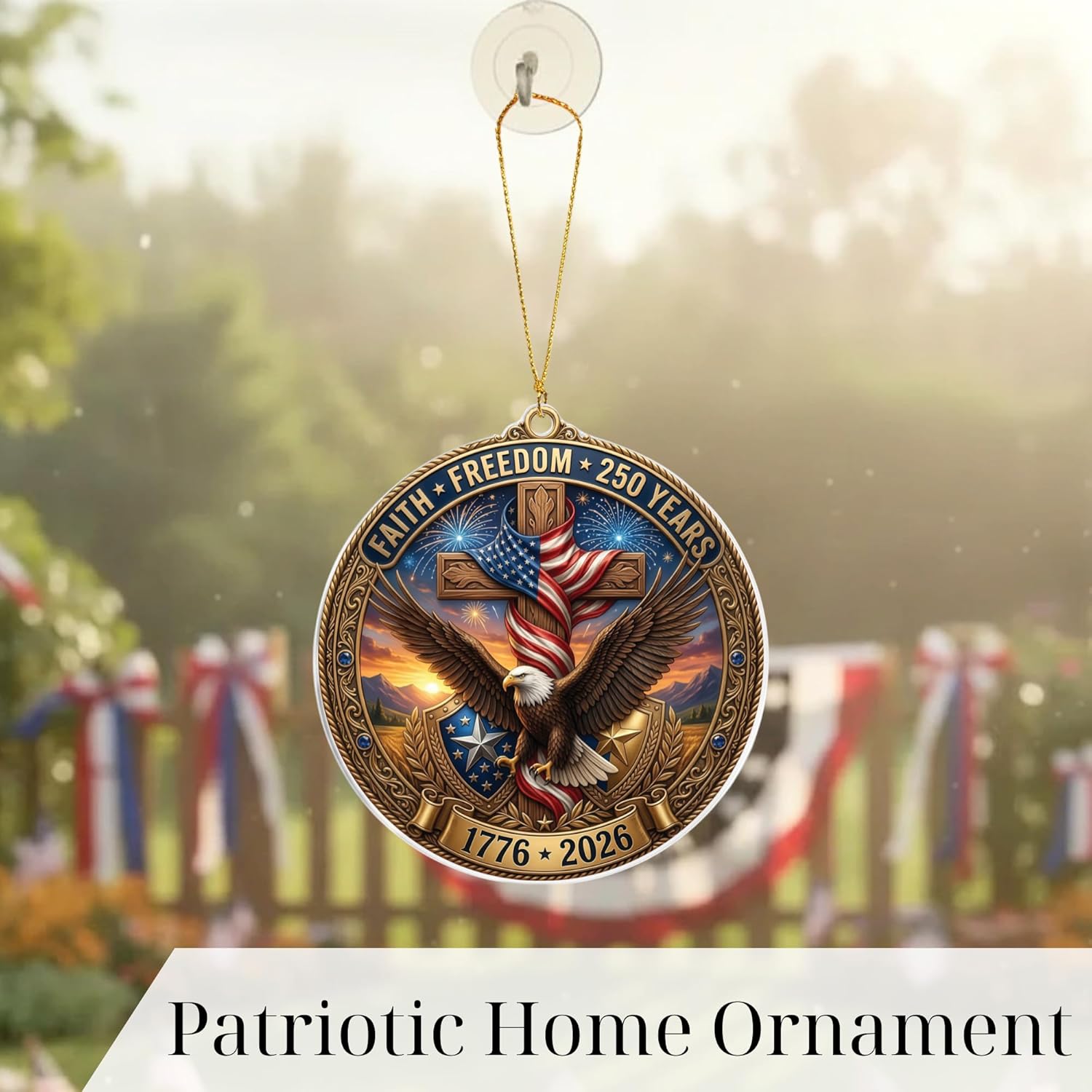 Faith & Freedom Cross Ornament – Patriotic Eagle American Flag Suncatcher, USA 250th Anniversary Keepsake (2026)