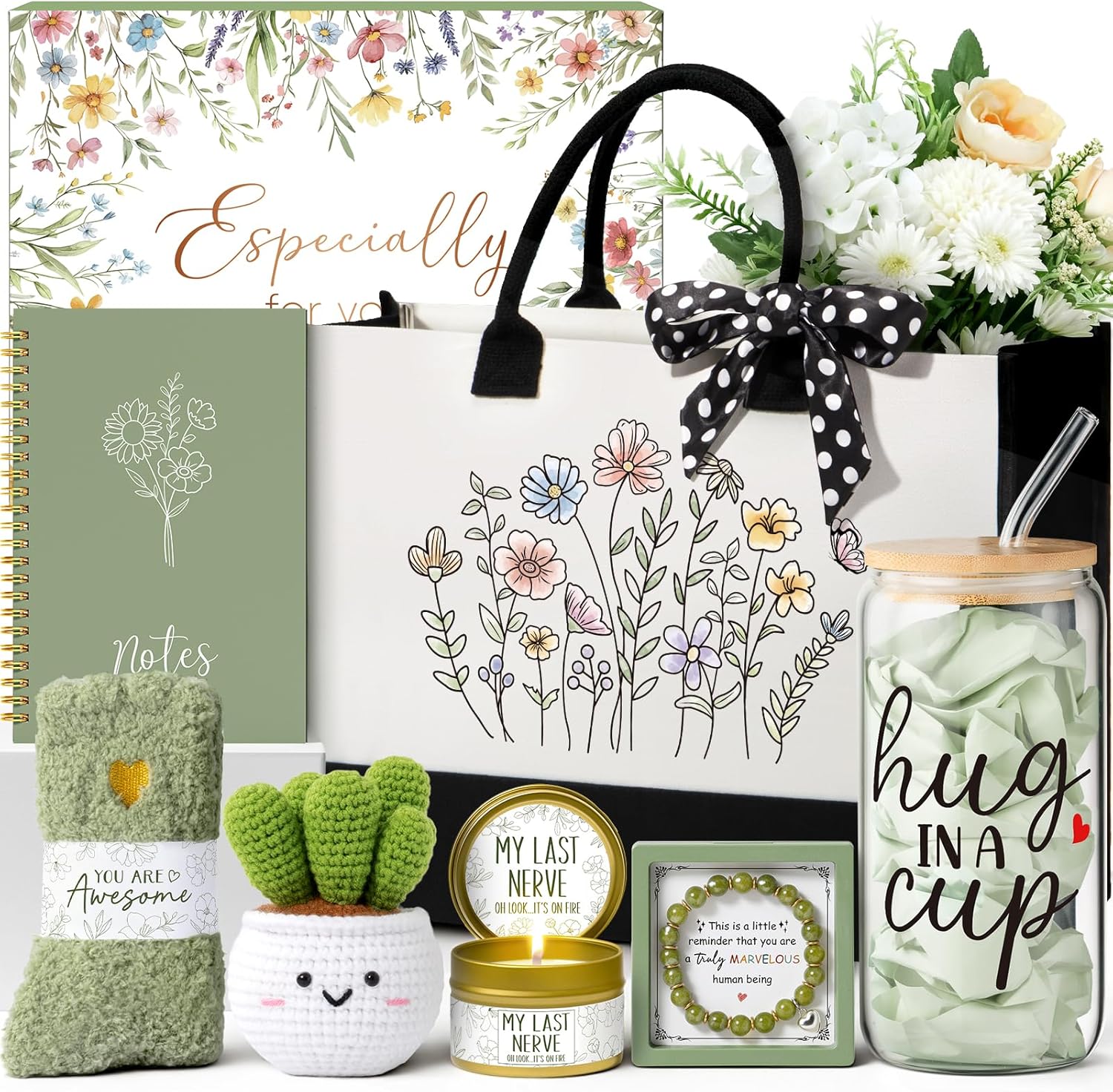 Christian Gift Basket for Women – Canvas Tote, Glass Cup, Candle, Socks & More Faith Gift Set for Her