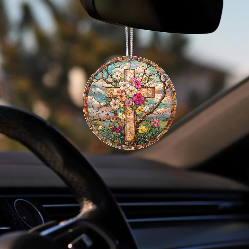 Stained Glass Cross Suncatcher Ornament – Acrylic Hanging Faith Decor for Window, Easter & Christmas Gift