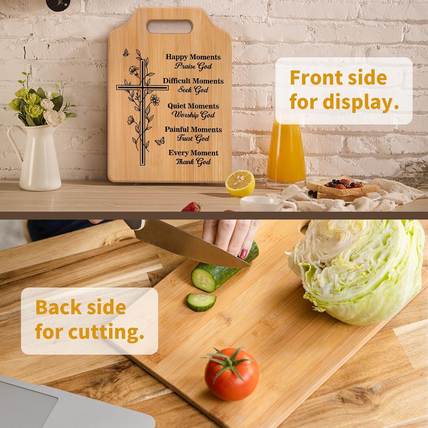 Christian Bamboo Cutting Board with Bible Verse – Engraved Cross Charcuterie & Kitchen Decor, Faith Gift for Her