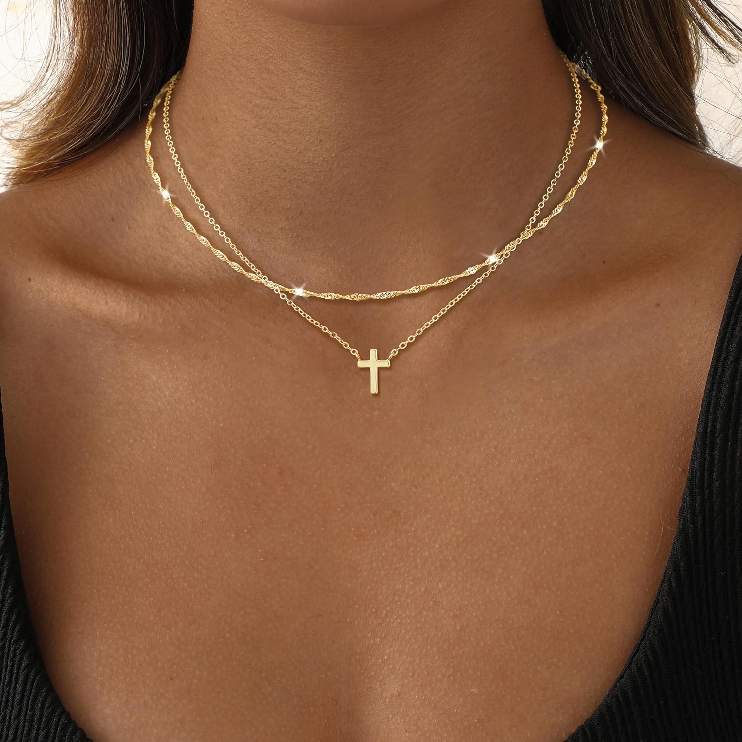 Dainty Layered Gold Cross Necklace for Women – 14K Gold Plated Choker, Trendy Christian Faith Jewelry