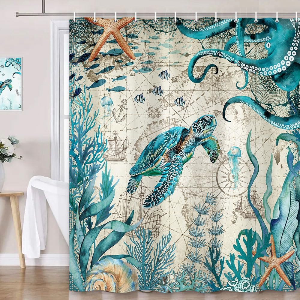 Sea Turtle Bible Verse Shower Curtain, Coastal Christian Decor Accessories Hooks Included 72X72IN