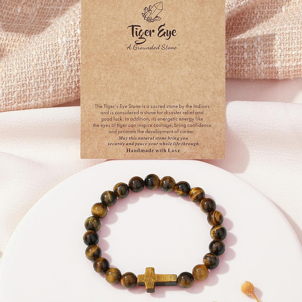 Natural Stone Cross Bracelet for Men & Women – 8mm Beaded Tiger's Eye Stretch Bracelet, Christian Faith Gift