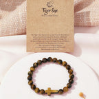 Natural Stone Cross Bracelet for Men & Women – 8mm Beaded Tiger's Eye Stretch Bracelet, Christian Faith Gift