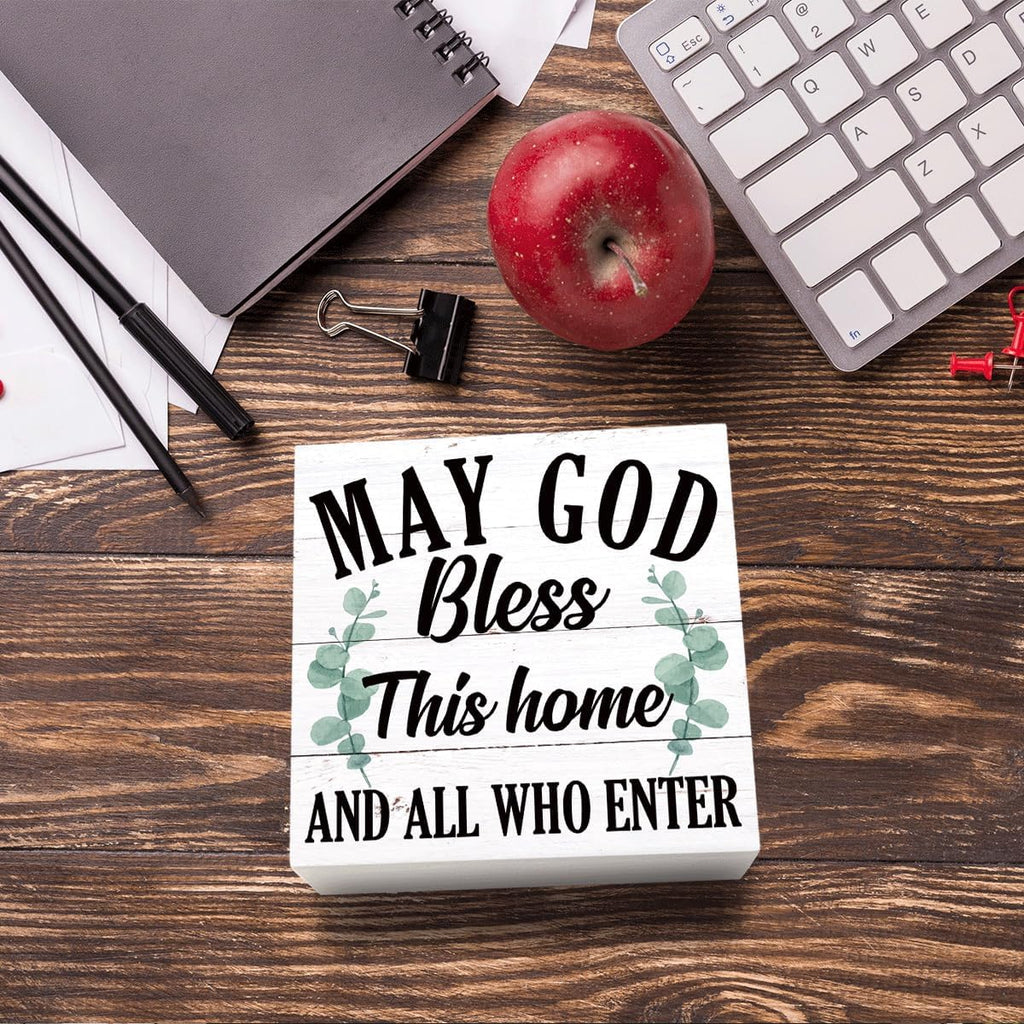 May God Bless This Home" Wooden Box Sign – Rustic Farmhouse Christian Tabletop & Shelf Decor, Housewarming Gift