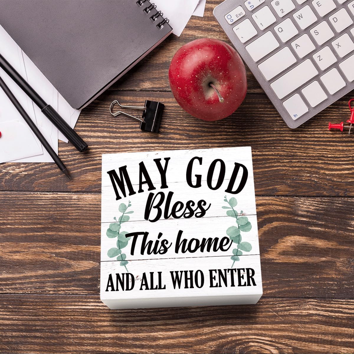 May God Bless This Home" Wooden Box Sign – Rustic Farmhouse Christian Tabletop & Shelf Decor, Housewarming Gift