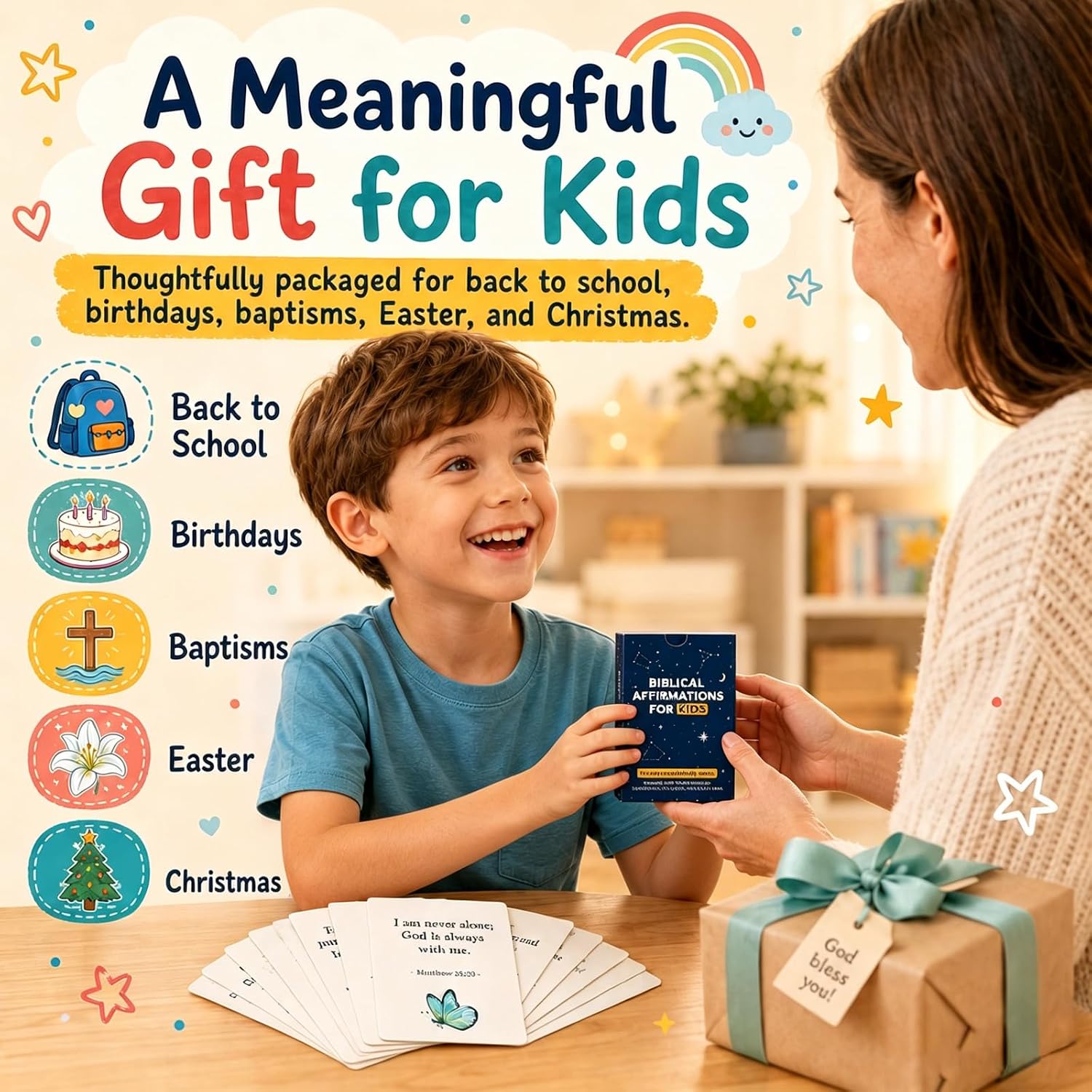 Biblical Affirmation Cards for Kids, 62 Christian Encouragement Cards for Boys and Girls, Back to School Confidence and Scripture Gift