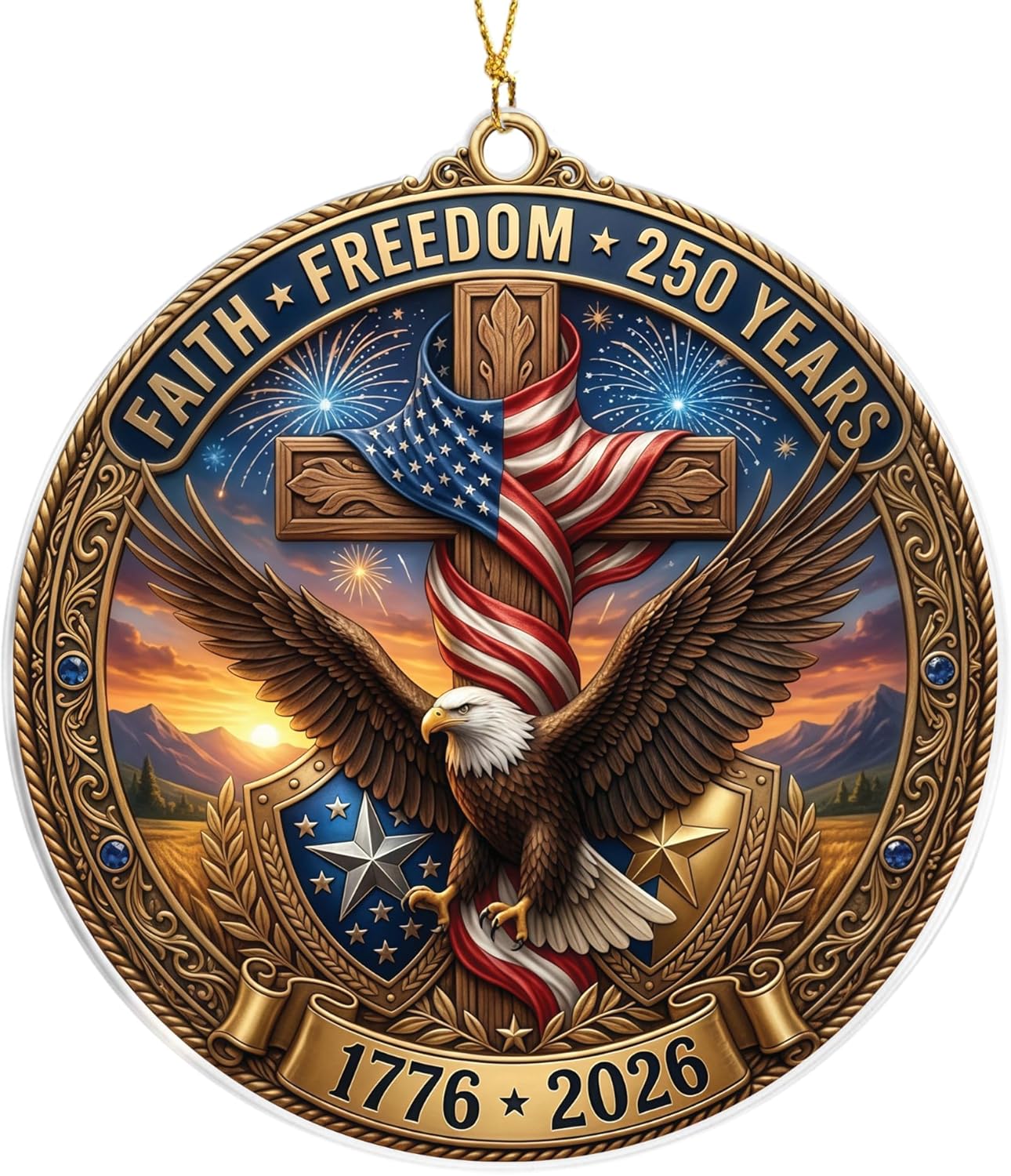 Faith & Freedom Cross Ornament – Patriotic Eagle American Flag Suncatcher, USA 250th Anniversary Keepsake (2026)