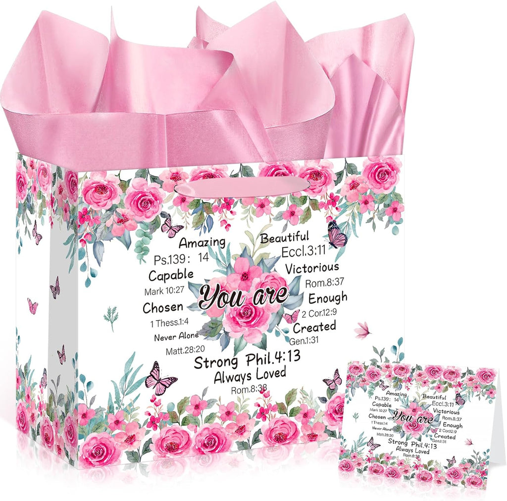 Christian Gift Bag Set – Floral "You Are" Bible Verse Bag with Card & Tissue Paper for Mom & Women