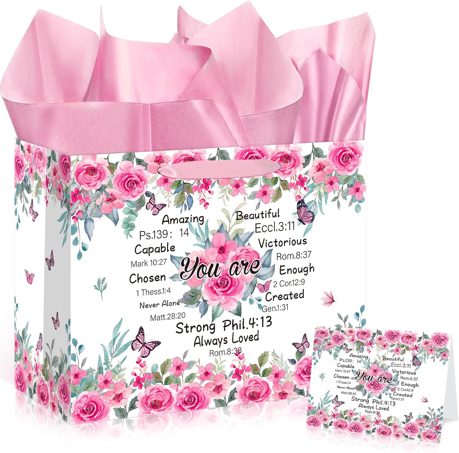 Christian Gift Bag Set – Floral "You Are" Bible Verse Bag with Card & Tissue Paper for Mom & Women
