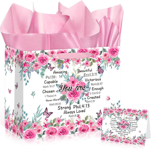 Christian Gift Bag Set – Floral "You Are" Bible Verse Bag with Card & Tissue Paper for Mom & Women
