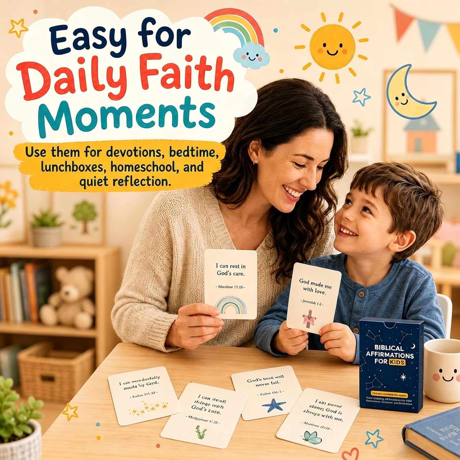 Biblical Affirmation Cards for Kids, 62 Christian Encouragement Cards for Boys and Girls, Back to School Confidence and Scripture Gift