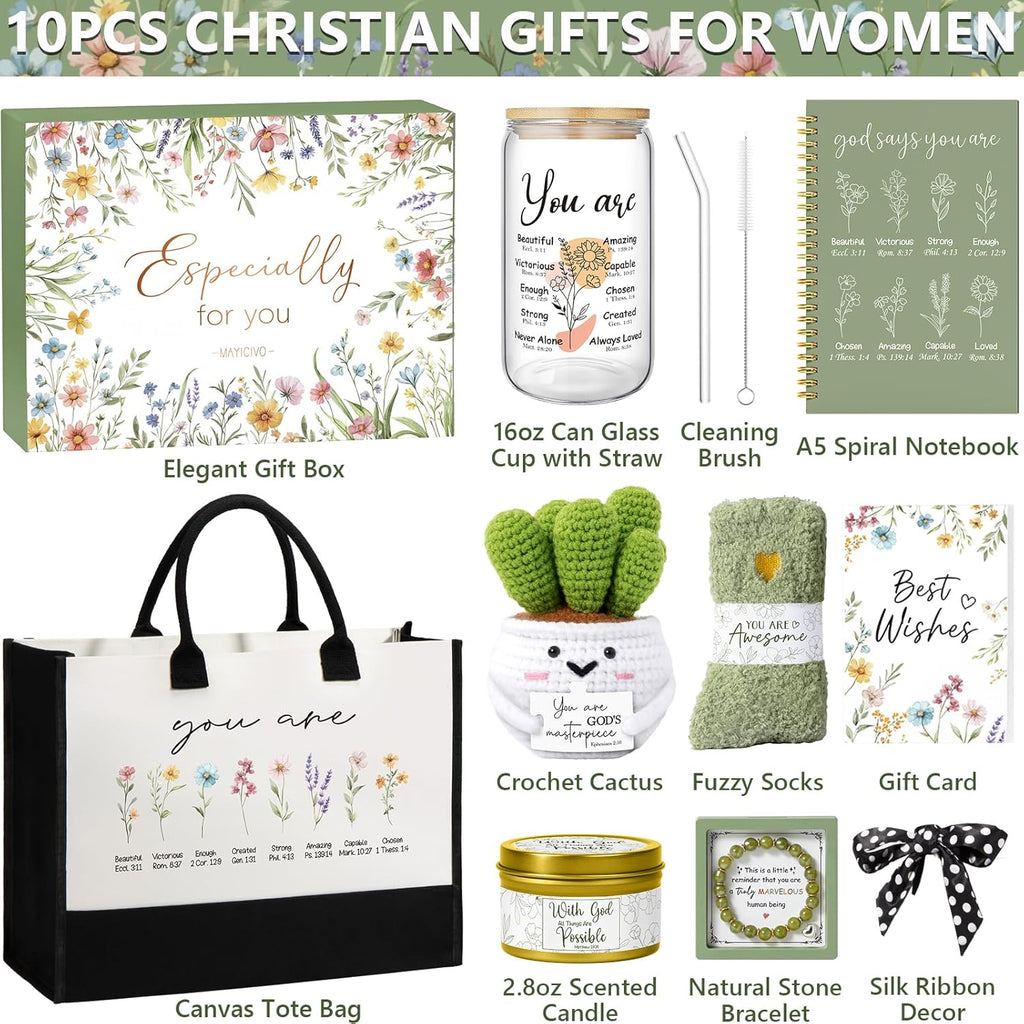 Christian Gift Basket for Women – Canvas Tote, Glass Cup, Candle, Socks & More Faith Gift Set for Her