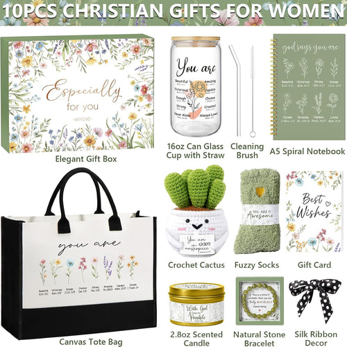 Christian Gift Basket for Women – Canvas Tote, Glass Cup, Candle, Socks & More Faith Gift Set for Her