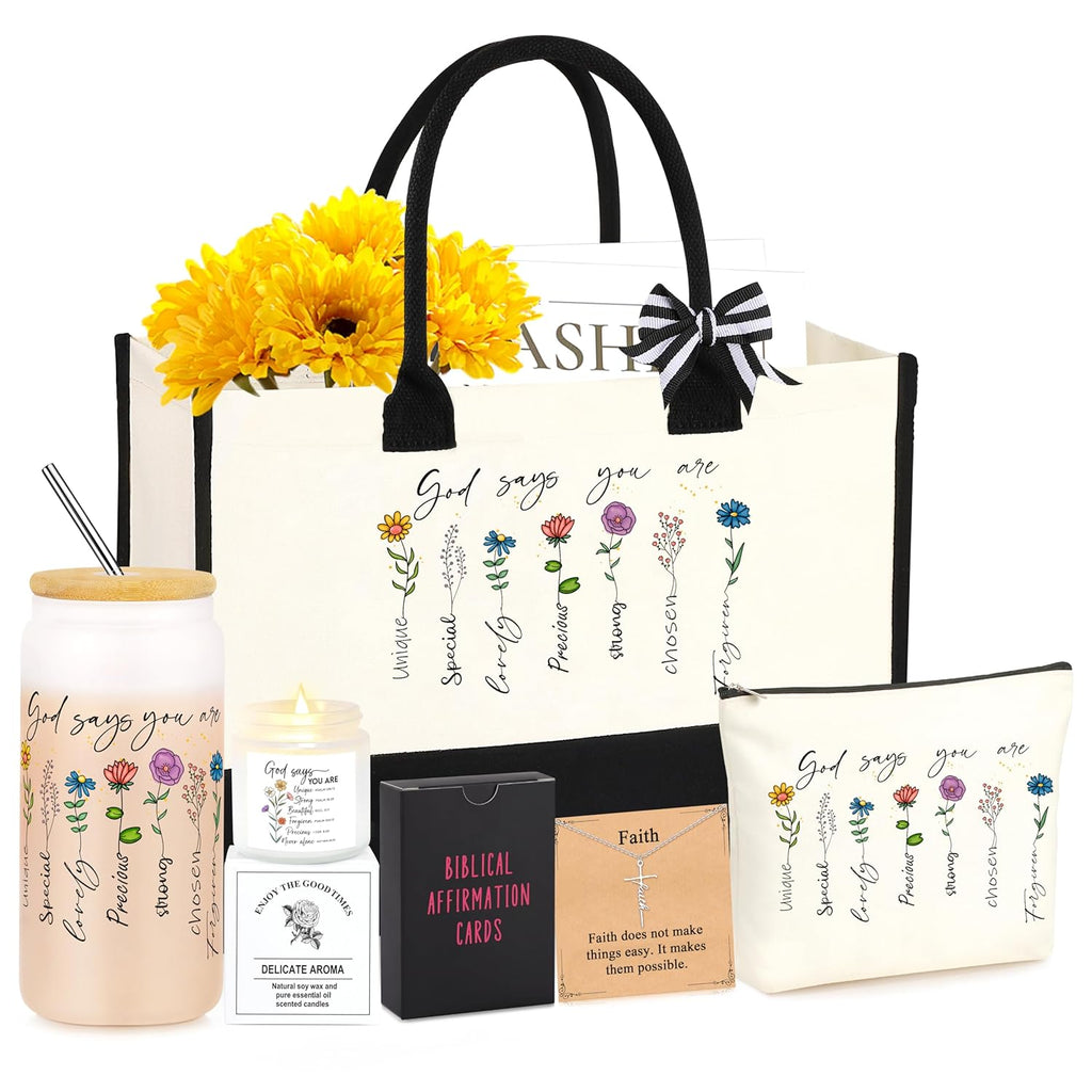 God Says You Are" Christian Gift Set for Women – Tote, Glass Cup, Candle, Necklace & Affirmation Cards