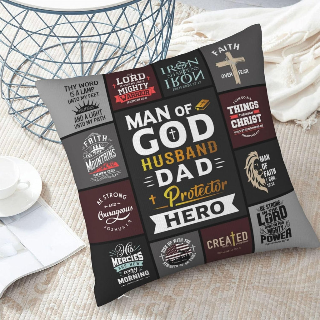 "Man of God" Christian Throw Pillow Cover 18"×18" – Faith Gift for Dad, Husband & Father (Cover Only)