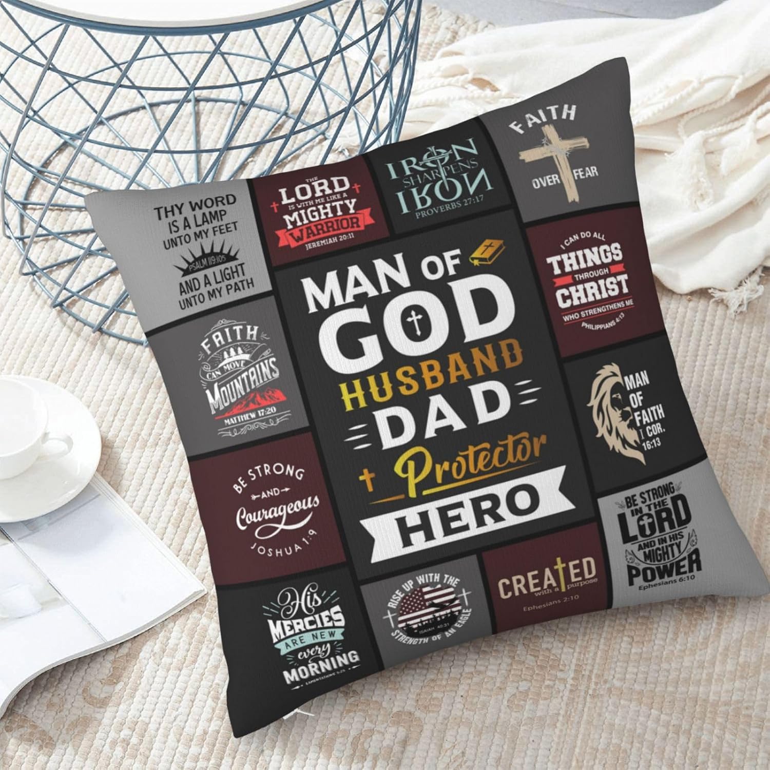 "Man of God" Christian Throw Pillow Cover 18"×18" – Faith Gift for Dad, Husband & Father (Cover Only)